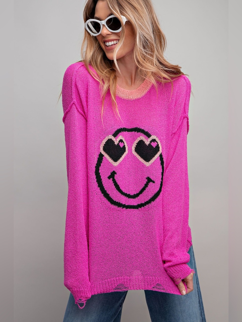 Easel | Delulu for the Plot Distressed Smiley Sweater Heart Eyes Pink New Large - Picture 4 of 10